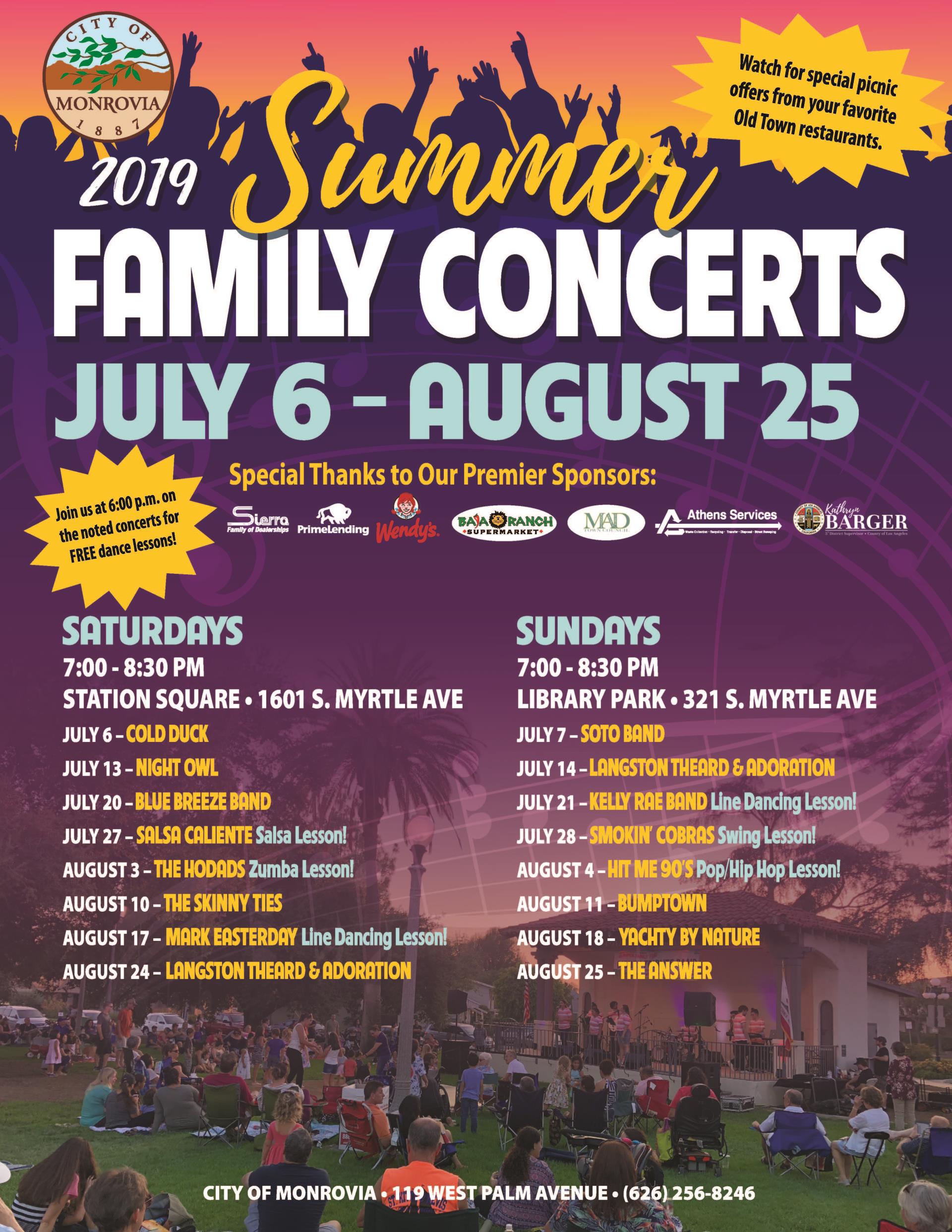 2019 Monrovia Summer Concerts Flyer